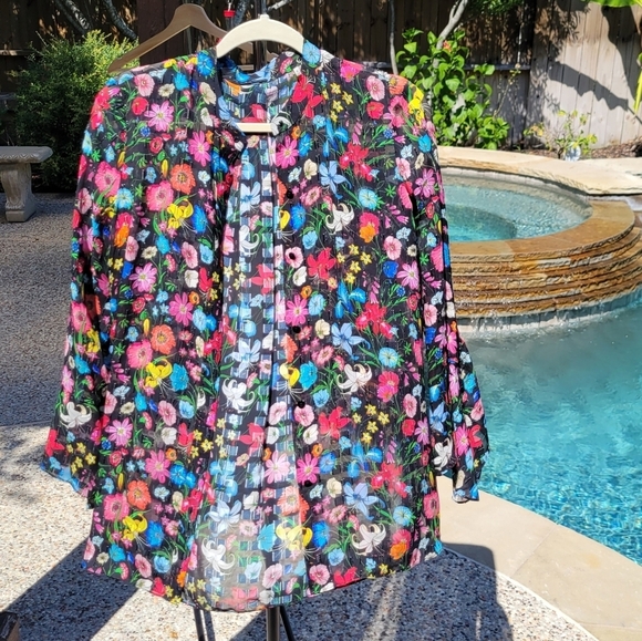 Nwot Elie Tahari Ruffle Silk Button Blouse Semi Sheer Black Floral S - Picture 1 of 11